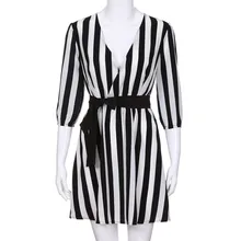 Летнее модное женское Полосатое платье с v-образным вырезом, летнее свободное пляжное Повседневное платье в черно-белую полоску, Прямая поставка 3J02