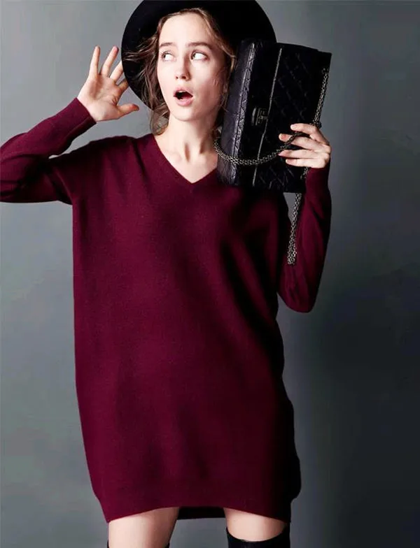 Женский модный длинный пуловер из козьего кашемира, платье-свитер с v-образным вырезом небесно-голубого цвета, 7 цветов, XS-2XL, опт и розница