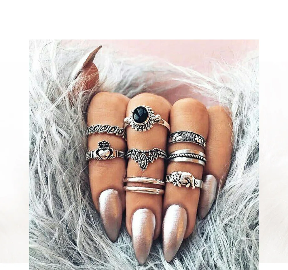 

WLP Antique Silver Vintage Hand Knuckle Finger Ring Set For Women Leaf Flower Heart Crown Rings Ethnic Boho Statement Jewelry