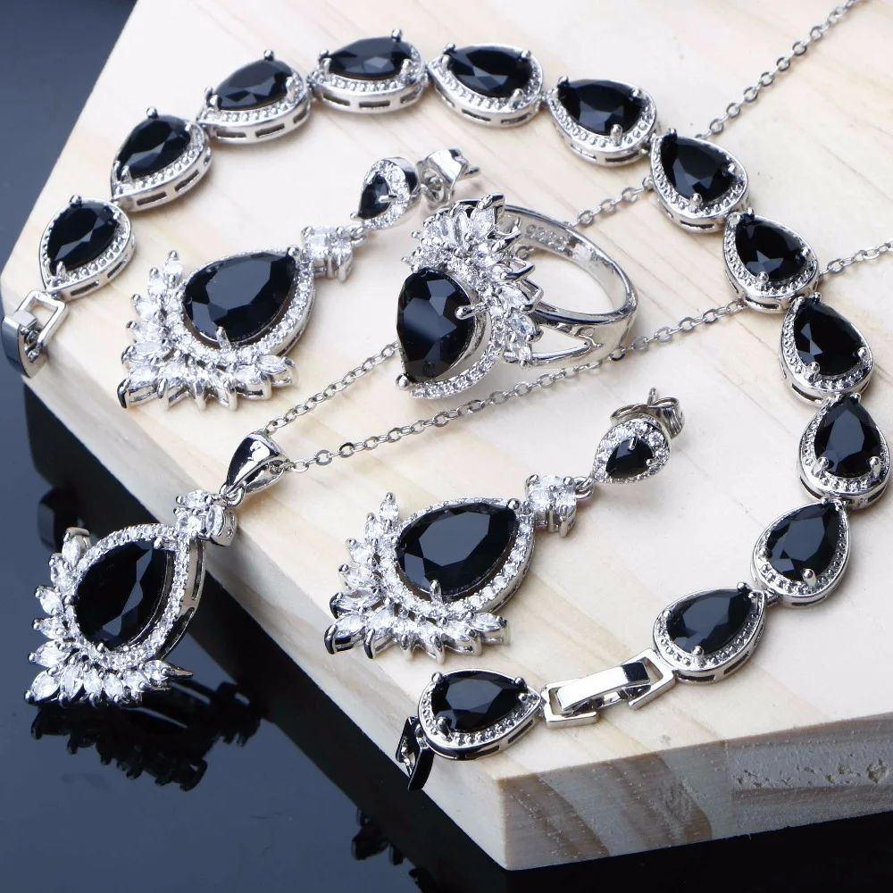 

Silver 925 Jewelry Black Cubic Zirconia Dubai Jewelry Sets For Woman Wedding Earrings Bracelet Ring Necklace Set Gifts For Lover