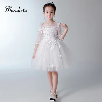

Lace Butterfly Flowers Ball Gown White Communion Dresses For Girls 2019 Princess Flower Girl Dresses With Half Sleeves