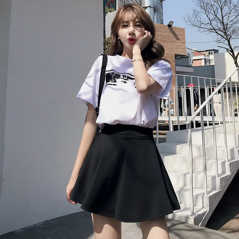 2019 Women Summer High Waist Pleated A Line Skirts All Matching Black Skirt Female INS Short Skirt Harajuku Kawaii Mini Skirt