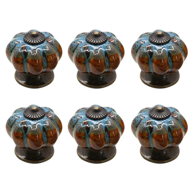 

6Pcs Ceramic Glazed Pumpkin Knobs Vintage Cabinet Door Pull Furniture Kitchen Drawer Handle JA55