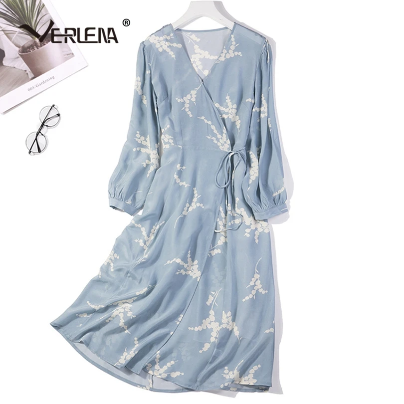 

Verlena V-Neck Print Vintage Women Silk Summer Dress Wrap Self-Tied Belt Kimono Style Front Thigh Split Midi Elegant Dress 2019