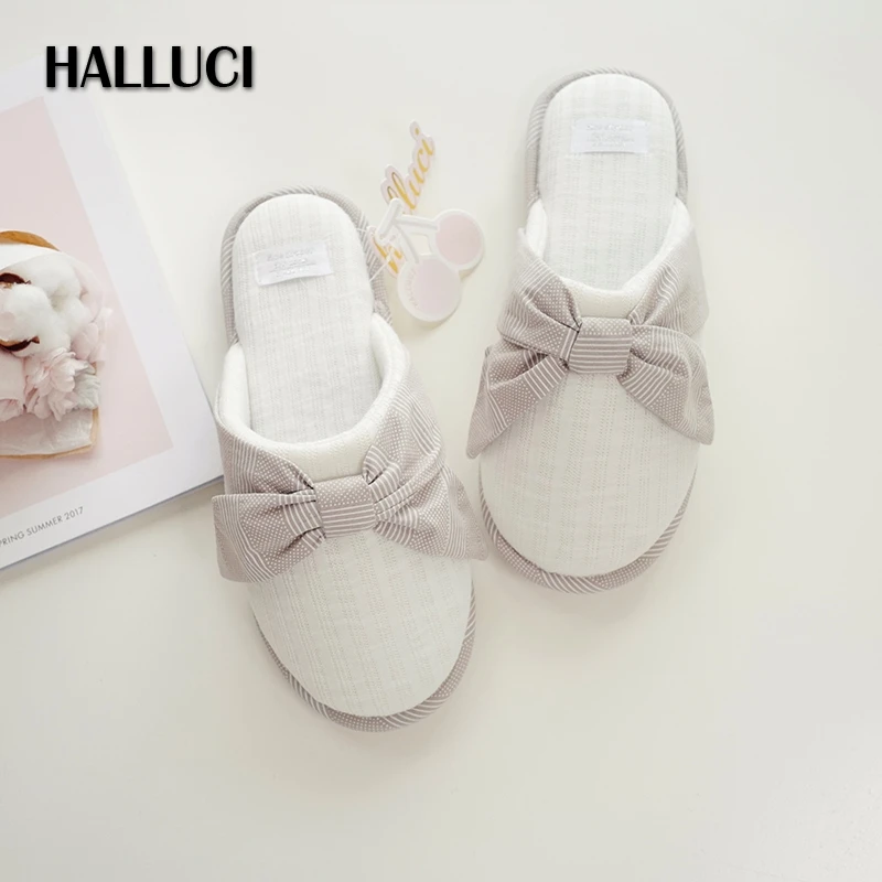 

HALLUCI simple Lovely bowknot Gray home slippers shoes women knit indoor soft office shoes for women Slippers pantufa terlik