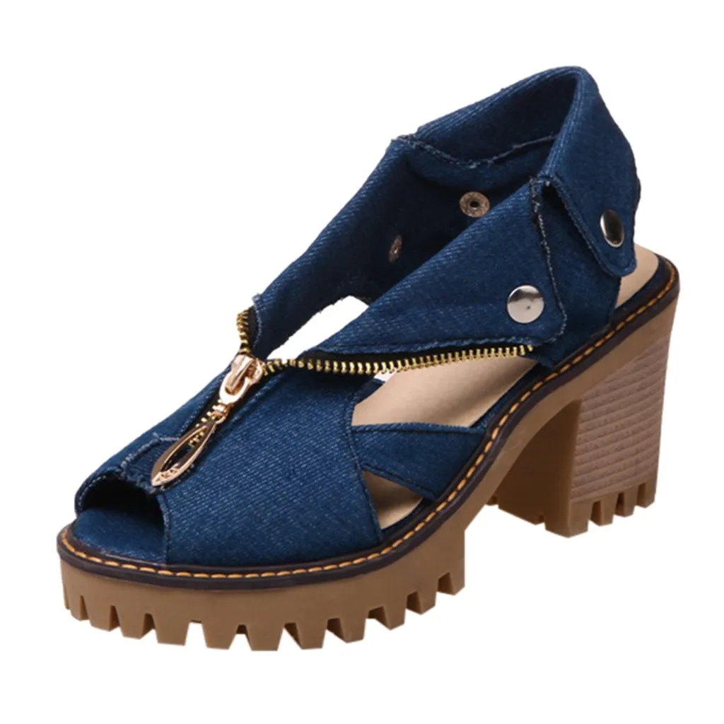 Jaycosin/ г.; обувь; женские летние сандалии с манжетами; джинсовая обувь на высоком толстом каблуке и платформе; повседневная обувь с открытым носком - Цвет: Dark Blue