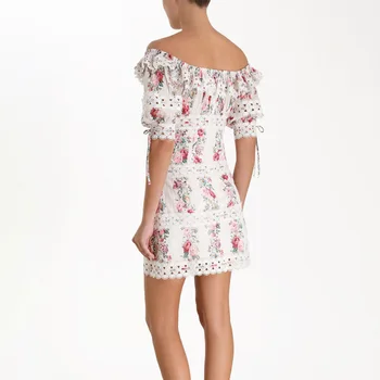 

Summer Print Women Dress Slash Neck Lantern High Waist Hollow Out Lace Ruffles Slim Mini Dresses Female Fashion 2019 New