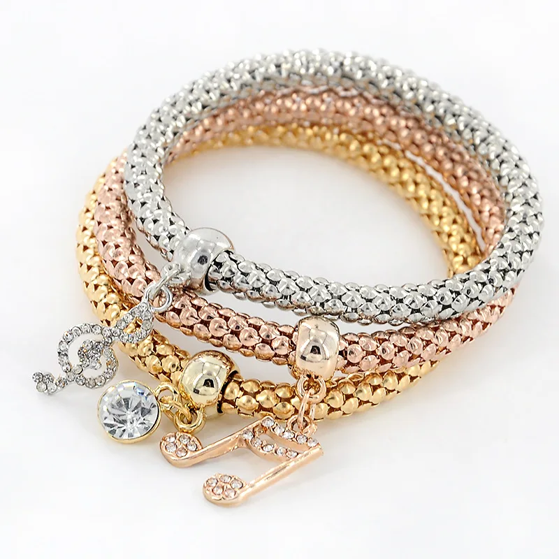 

3PCS Luxury Women's Golden& Silvery Rhinestone Charm Musical Note Bracelet bracciali donna Jewelry
