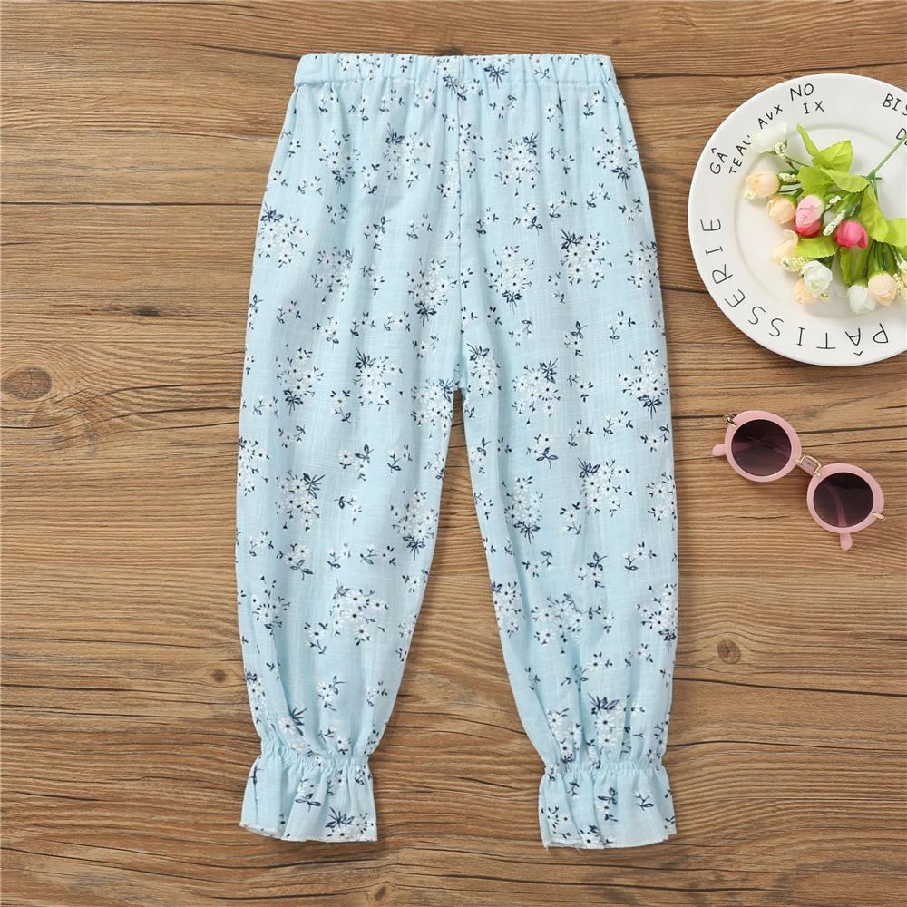 2 7Y Kids Boy Floral Pants Summer Baby Girls Long Pants Blue Children Cute Bloomers Bottoms