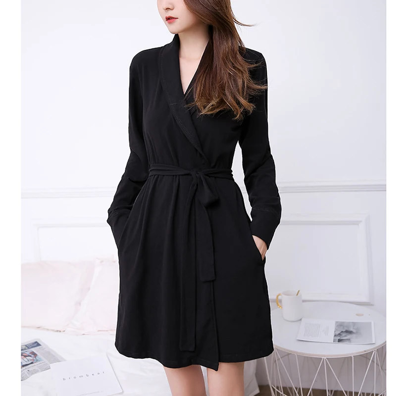 Черный длинный рукав халат Женская Хлопковая пижама ночное одевание Ночная рубашка пижамы мини-Халат