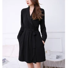 Черный длинный рукав халат Женская Хлопковая пижама ночное одевание Ночная рубашка пижамы мини-Халат