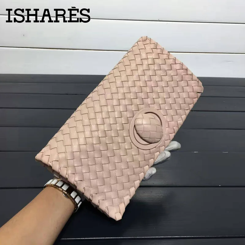 ISHARES woven sheepskin day clutches genuine leather rotary switches casual clutch women handbags fashion cover closure IS6659