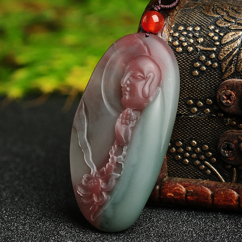 

Ice-transparent purple-green two-color chalcedony asked Zen Enlightenment pendants Carved features jade agate pendants