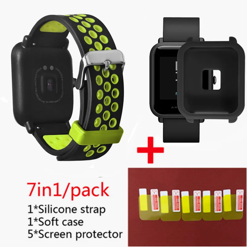 Для Xiaomi Huami Amazfit Bip Lightwei ремешок rhythm Lite young умные часы my braceket fit+ силиконовые полосы+ мягкий чехол+ 5 экранная пленка - Цвет: green 4