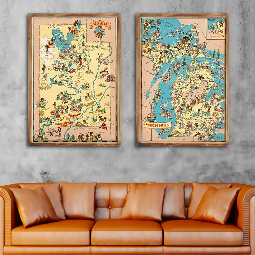 

1935 America Map of Utah Michigan Minnesota Vintage Retro Canvas Paintings Kraft Posters Wall Stickers Home Decor Family Gift
