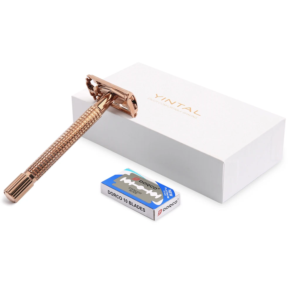 1 razor +10 Blades Long Handle Men Manual Shaver Razor Copper Alloy