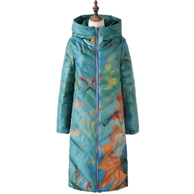 Зимняя женская Свободная пуховая хлопковая куртка с капюшоном, парка для среднего возраста, с цветочным принтом, хлопковое Стеганое пальто, верхняя одежда размера плюс 4XL N13