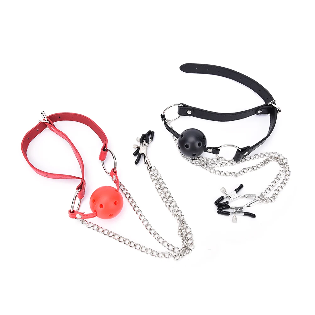 Novelty Leather Mouth Gag Ball Oral Sex With Breast Nipple Clamps With Chain Clip Bdsm Fetish Bondage Harness Exotic Accessories