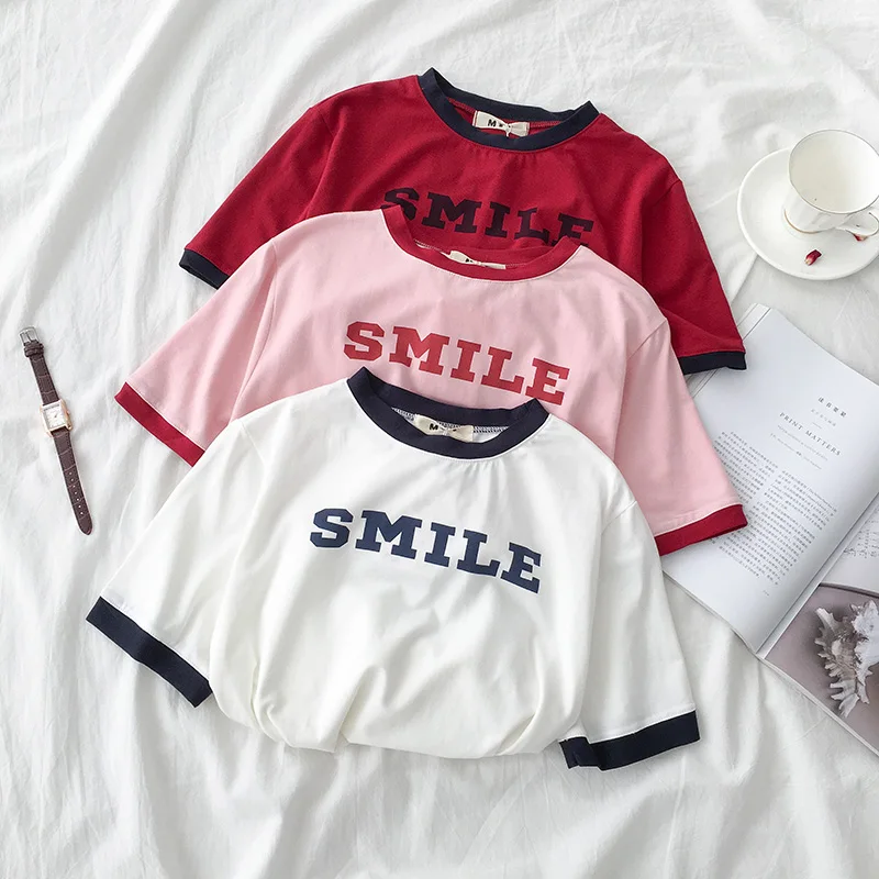 

SMILE new fashion casual stitching loose Harajuku Korea Ulzzang female O-neck tops cotton Vintage sweet lady t-shirt