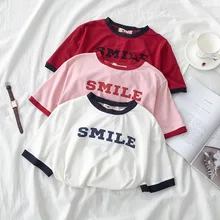 Sonrisa nueva moda casual costura suelta Harajuku Corea Ulzzang de mujer con cuello redondo camisetas de algodón Vintage sweet lady camiseta