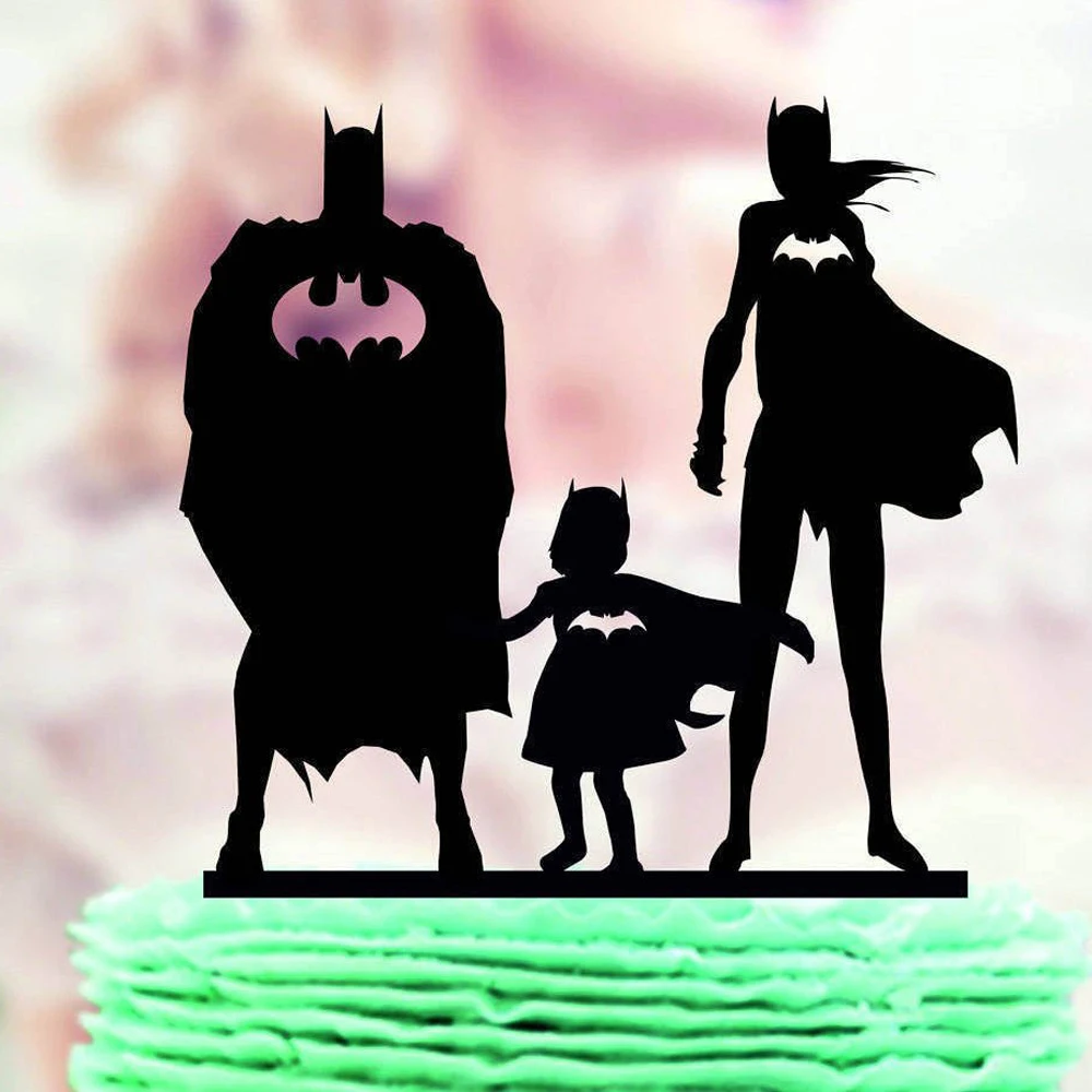 Super Hero Family Wedding Cake Topper,Batman & Batgirl with kid  Silhouette Cake Topper,Mr & Mrs and kid Wedding Decor Supplies