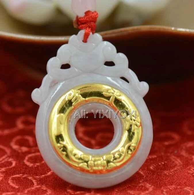 Очаровательная натуральный сорт жадеит нефрит + 18 К Solid Gold китайское круглое полые амулет кулон Бесплатная цепочки и ожерелья ювелирные
