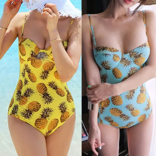 

Summer Women Pineapple Swimsuit Spaghetti Strap Push Up Padded Swimwear Bathing One Piece Monokini