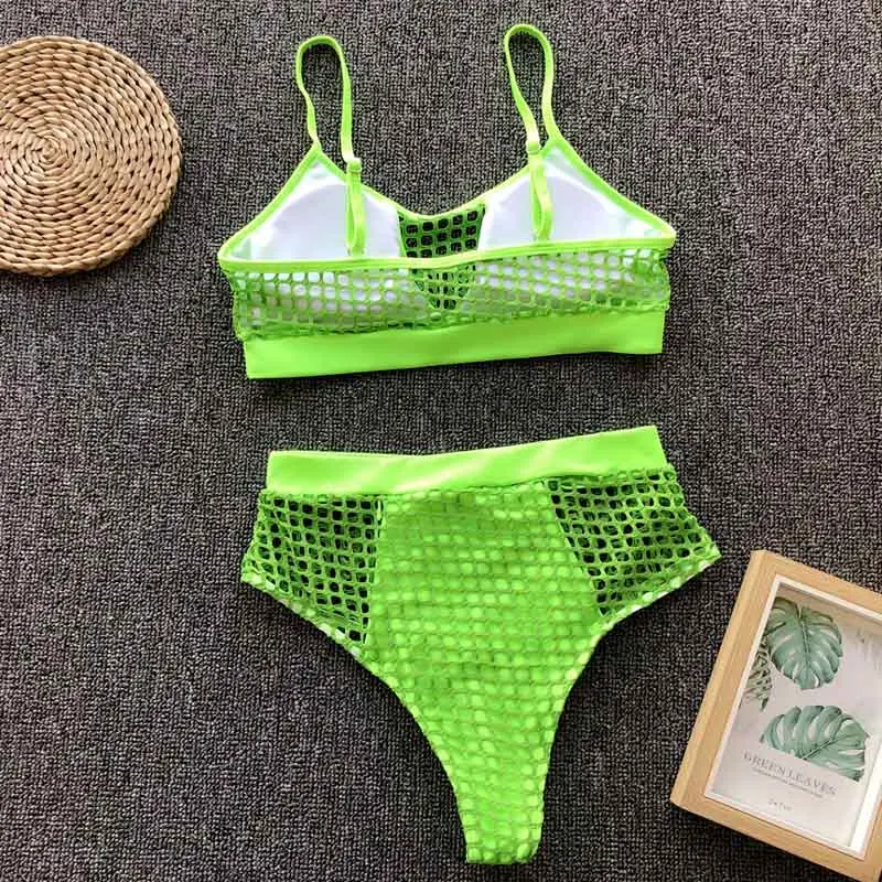 Billige Sexy Hohe Taille Mesh Bikini 2019 Frauen Neon Grün Bademode Weiblichen Badeanzug Push Up Bikini Brazilian Badende Badeanzug Schwimmen