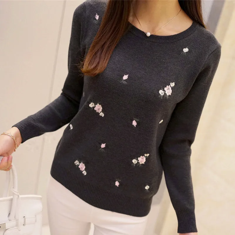 S-3XL New Youth Women's Sweater Autumn Winter 2019 Fashion Elegant Peach Embroidery Slim Girl's Knitted Pullover Tops Female