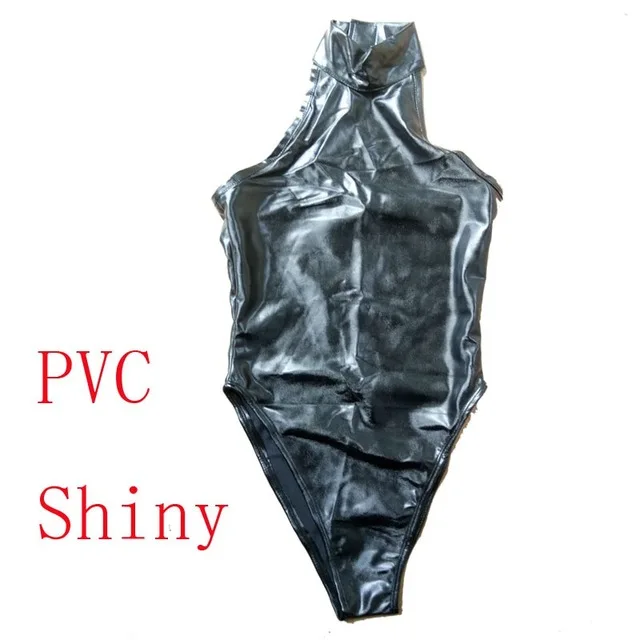 High Cut Swimsuit High Neck Halter Bodysuit PVC Shiny One Piece