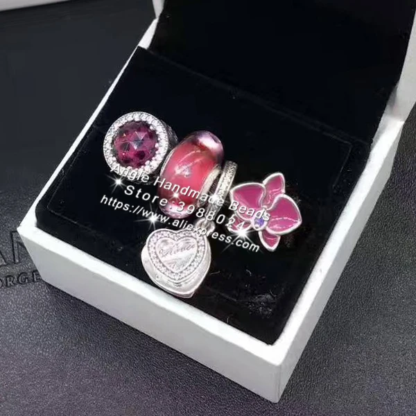 

4pcs Fashion S925 Silver Red Enamel Magnolia Heart Cz Charms Beads Jewelry Set Fit Bracelet Necklaces Jewelry Making Woman Gift