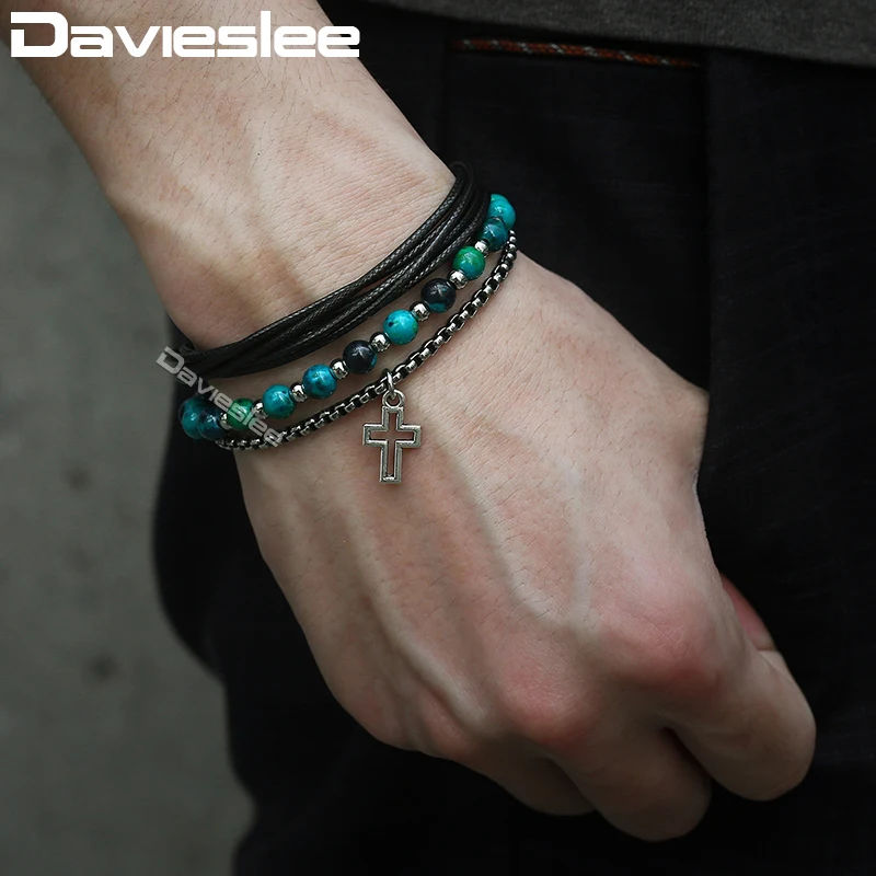 Мужской кожаный браслет с бусинами Davieslee из нержавеющей стали крестиком и