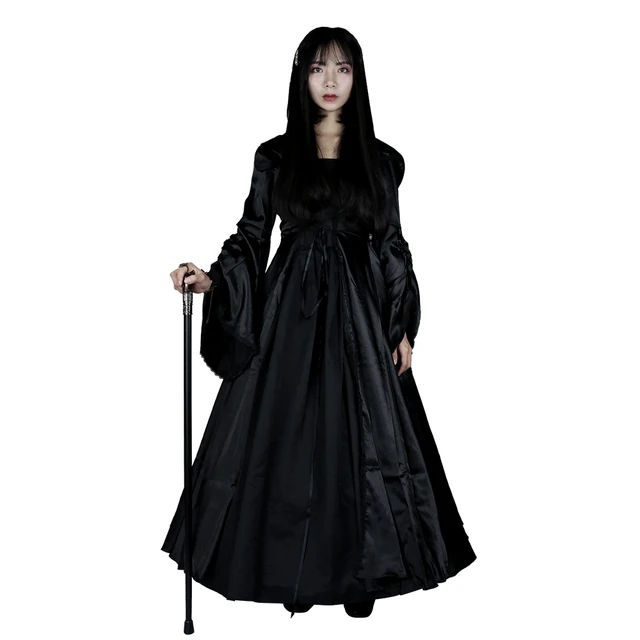 Womens Gothic Victorian Poplin Long Sleeve Hooded Halloween Lolita Witch Dress