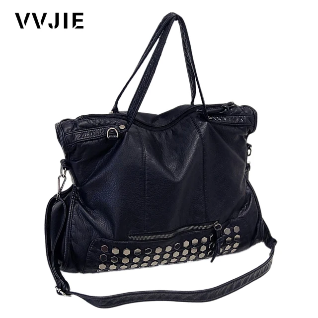 Vvjie Brand Famous Designer Rivet Soft Leather Handbags Black Vvjie Brand Famous Designer Rivet Soft Leather Handbags Black Women Shoulder Large Capacity Tote Las
