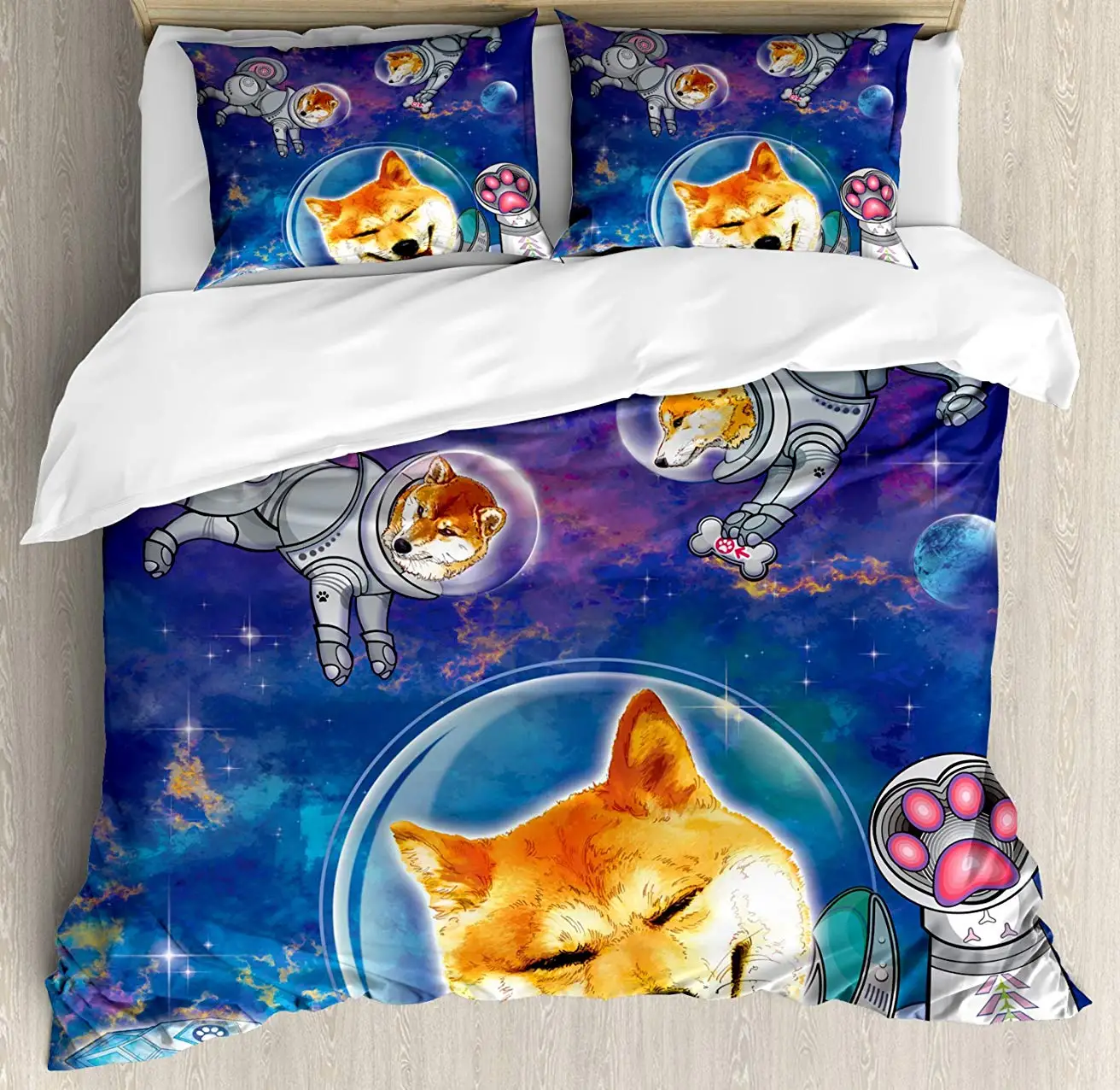 

Dog Duvet Cover Set, Astronaut Shibas in Space with an Alien Planet Exploring the Unknown Themed Cartoon 3 Piece Bedding Set