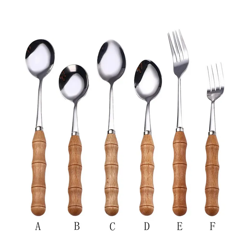 1PC Creative Bamboo Wooden Handle Stainless Steel Upscale Cutlery Fork Spoon Kitchen Tool Utensilio De Cozinha Criativos 40JUL88