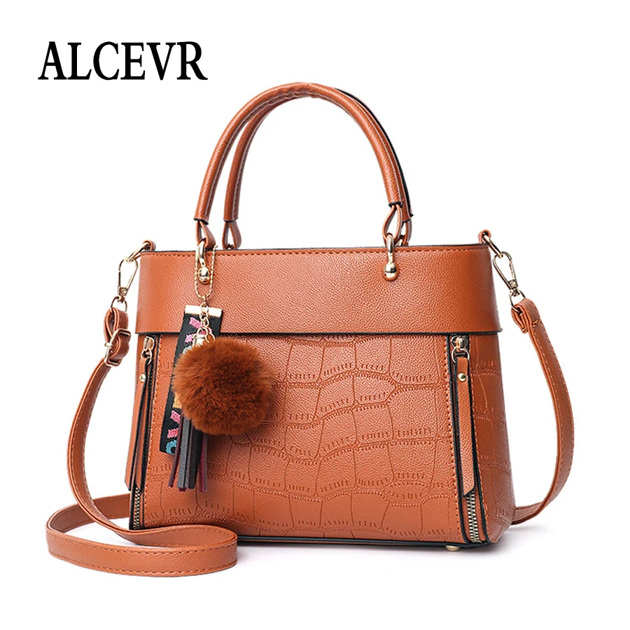 

ALCEVR Solid Color Pu Leather Shoulder Bags For Women Fur Ball Hanging Alligator Crossbody Bags Beautiful Ladies Sweet Handbags