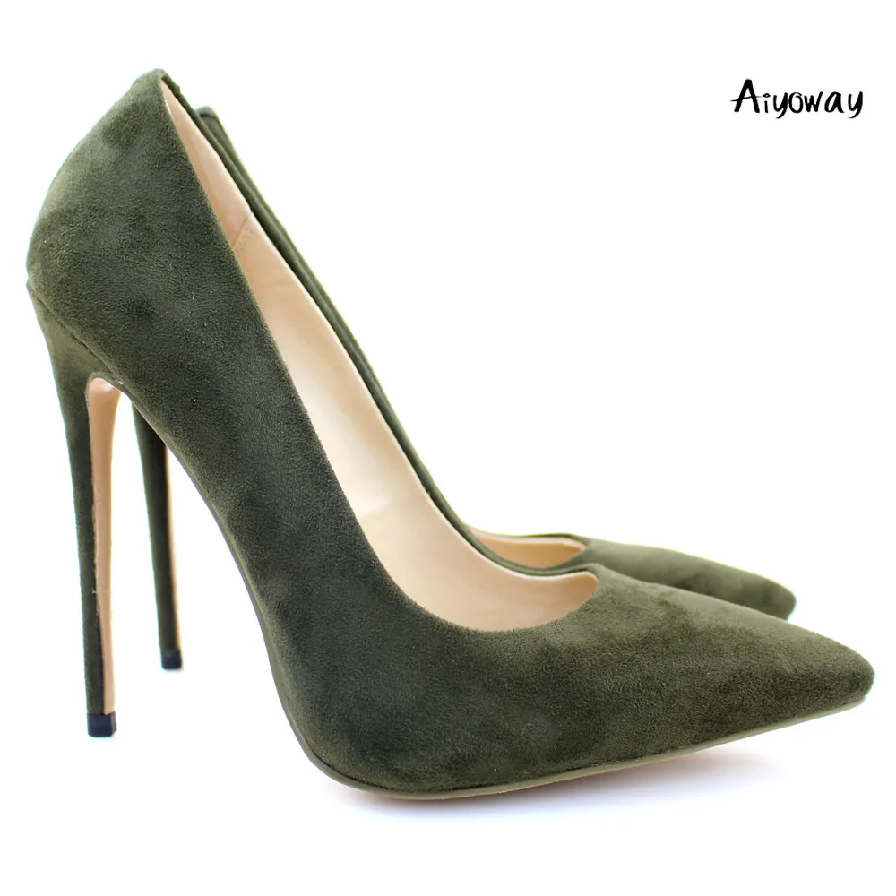 

Aiyoway Elegant Women Ladies Pointed Toe High Heel Pumps Faux Suede Party Office Dress Shoes Army Green Slip On US Size 5-15