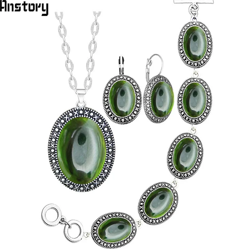 Oval Transparent Crystal Jewelry Set Antique Silver Plated Necklace Earrings Bracelet Fashion Jewelry TS416