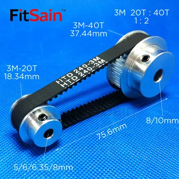 FitSain-3M 20T:40T 1:2 pulley synchronous wheel deceleration timing belt bandwidth 10 holes 5/6/6.35/8 1
