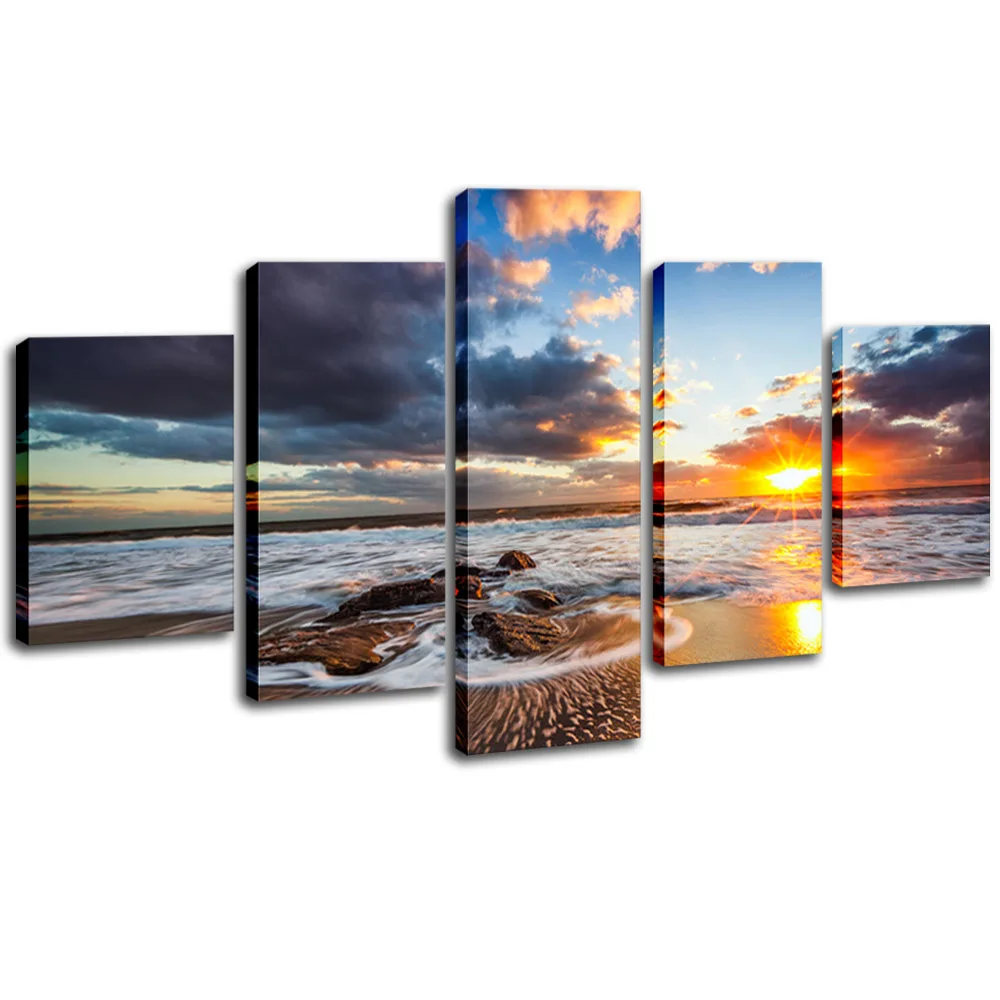 

5 Panel Modern Seascape Canvas Painting Natural Landscape Posters Mountain Sea Scenery Wall Art Pictures for Office Decor Framed