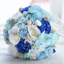 Океан Синий свадебный букет искусственного шелка розы цветы пляж невесты свадьба подружки невесты Handholds Bling Starfish