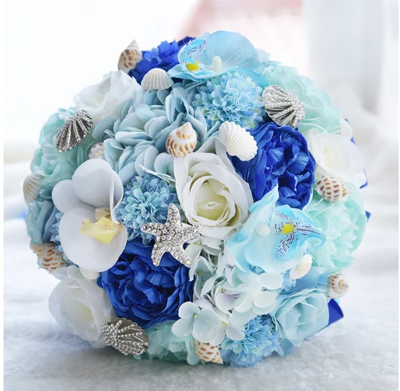 Океан Синий 2019 новый свадебный букет искусственного шелка розы цветы пляж невесты свадьба подружки невесты Handholds Bling Starfish