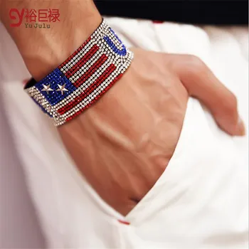 

NEW Men/Women Hip Hop USA Flag Bracelet Rhinestone Bracelets America Casual Bangle For Wrist Silver Metal Jewelry 19CM