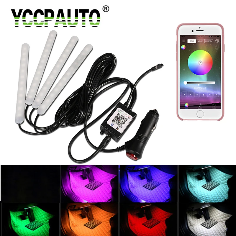 YCCPAUTO Newest 12LED Car Atmosphere Lamp Interior Decorative Lights Bluetooth APP RGB Strip Lights LED Foot Lamp Car Styling