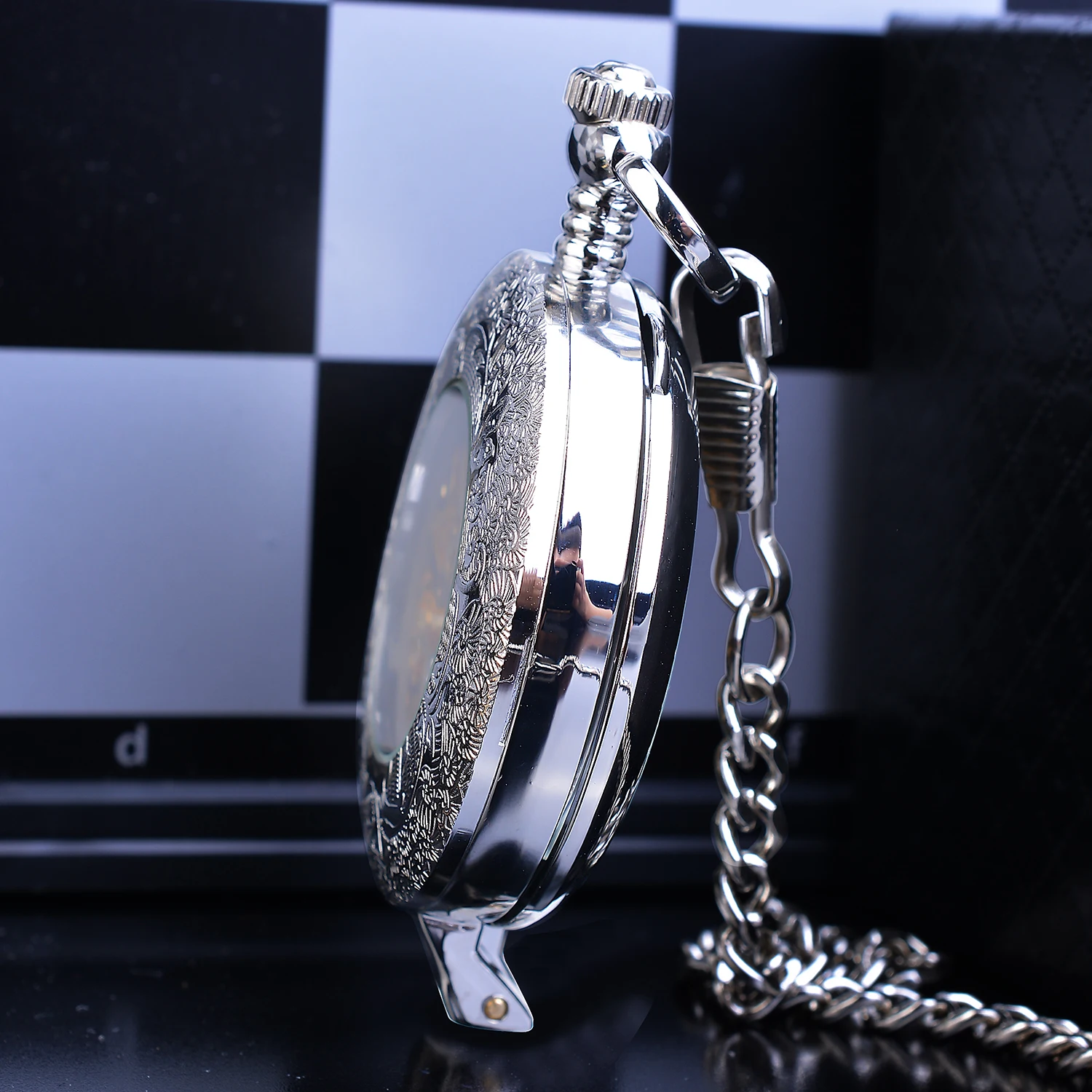 Silver Steampunk Stand Case New Design Clock Mechanical Men Pocket Watch Transparent Skeleton Back Roman Numerals With FOB Chain