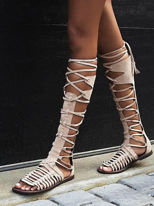 

2019 Summer Fashion Lace-Up Long Gladiator Sandals Cut-Outs Knee High Women Boots Peep Toe Plus Size Women Flat Shoes