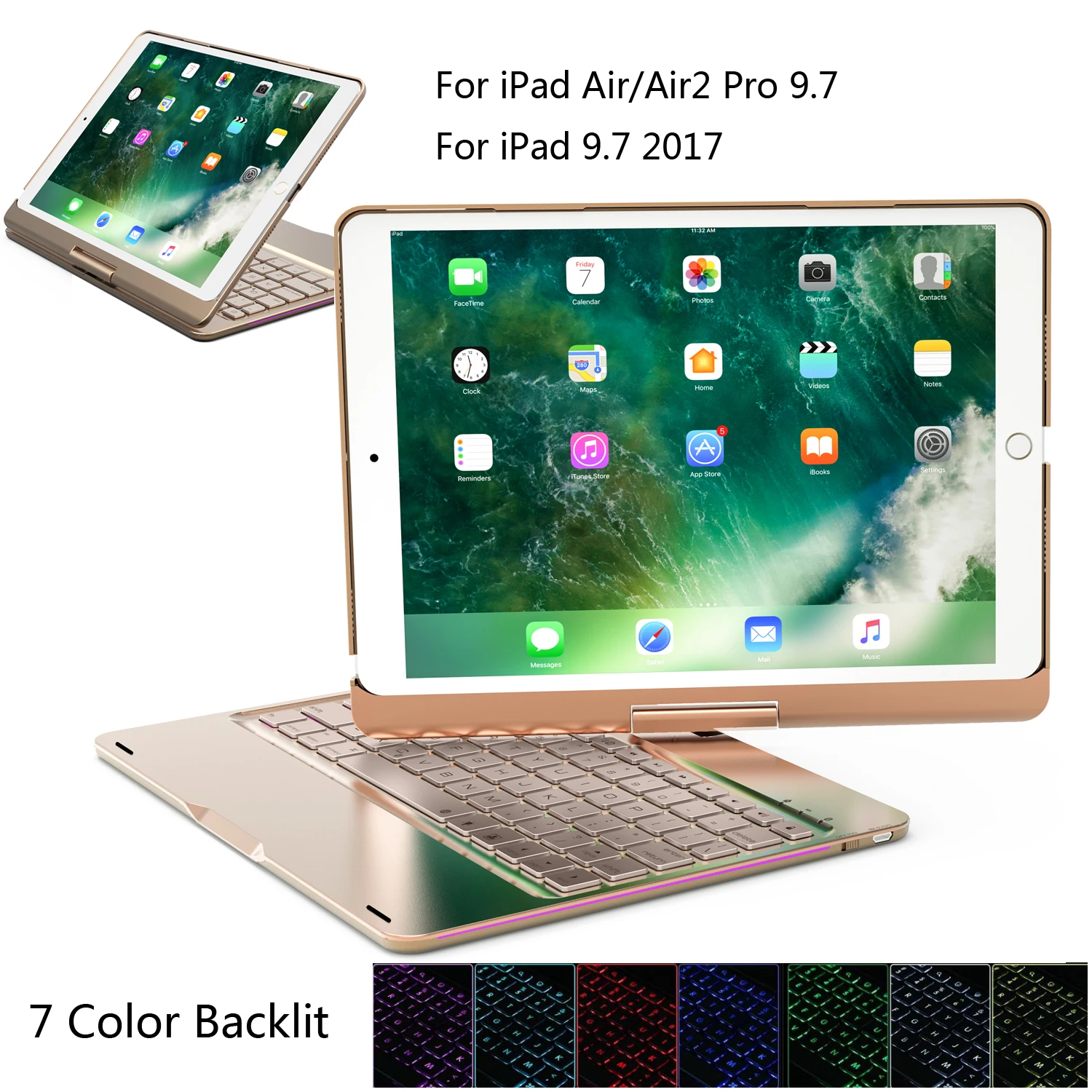

Bluetooth Keyboard Case for iPad 9.7 2017 Wireless Keyboard Cover for iPad Air 1/2 Pro 9.7 360 Rotate 7 Color Backlit