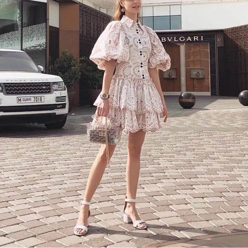 

2019 Women Summer New Lapel Bubble Sleeve Sexy Hollow Embroidery Cake Dress Cotton Dress Woman Lantern Sleeve Dress Women