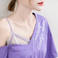 Летняя новая женская Кружевная футболка с открытыми плечами и короткими рукавами Женский Свободный асимметричный верх